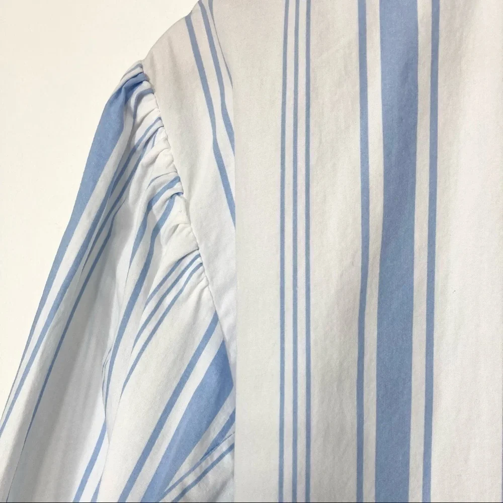 Zara V-Neck Striped Balloon Sleeve High Low Blouse Size M - Picture 6 of 15